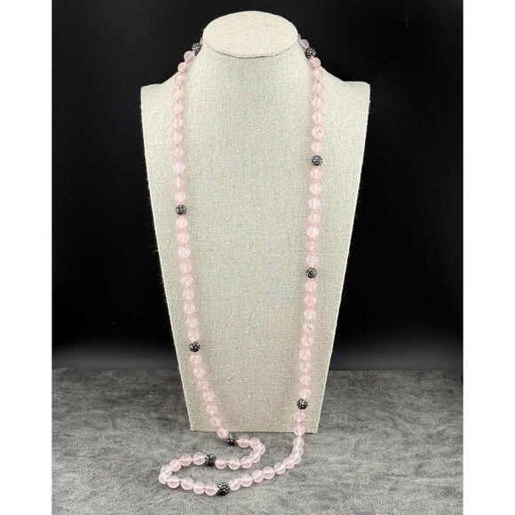 Faceted Rose Quartz Beaded Natural Stone Necklace 19" Soft Pink Black Elegant - Picture 4 of 10